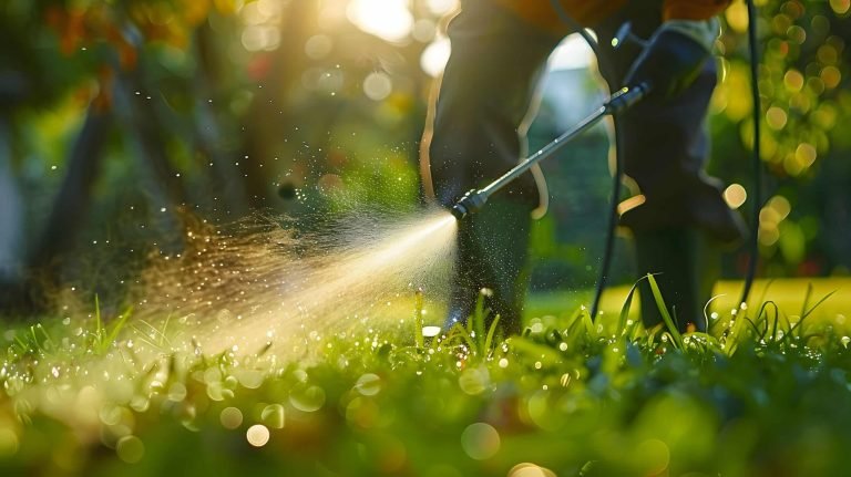 Worker spraying pesticide on a green lawn outdoors for pest control: a close up view. concept pesticide application, pest control, green lawn, close up shot, outdoors