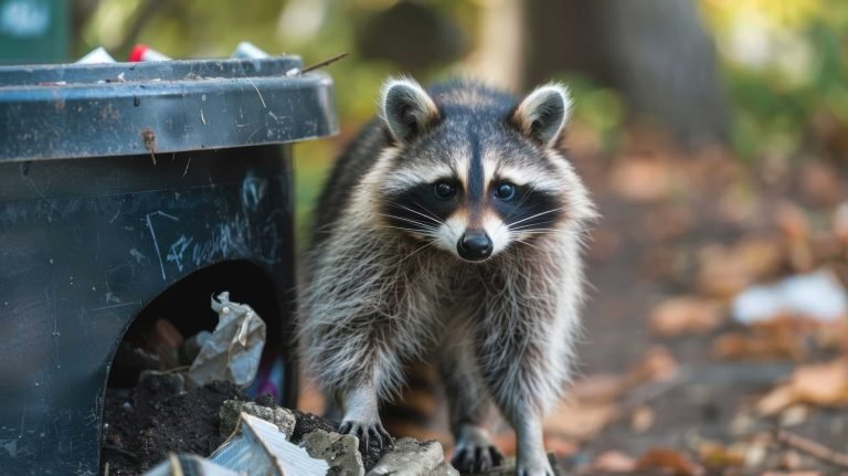 Curious raccoon investigates trash can in park