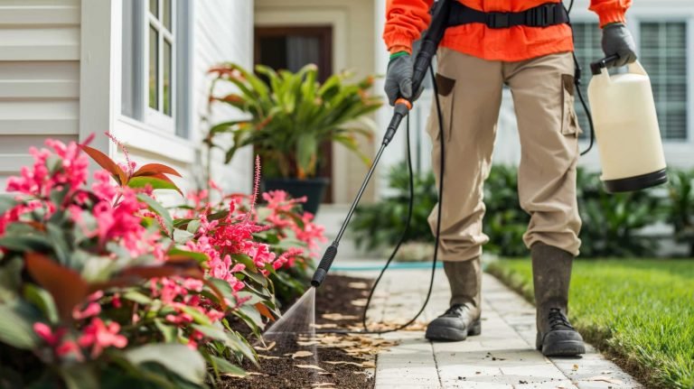 Technician applying outdoor pest control treatments to protect lawns and gardens from harmful insects and pests