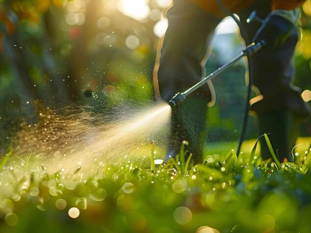 Worker spraying pesticide on a green lawn outdoors for pest control: A close-up view. Concept Pesticide Application, Pest Control, Green Lawn, Close-up Shot, Outdoors