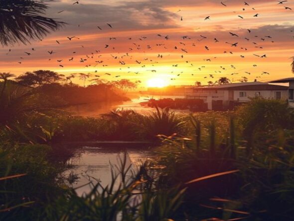 A beautiful sunset over a naples florida residential neighborhood near the mangroves tiny stylize